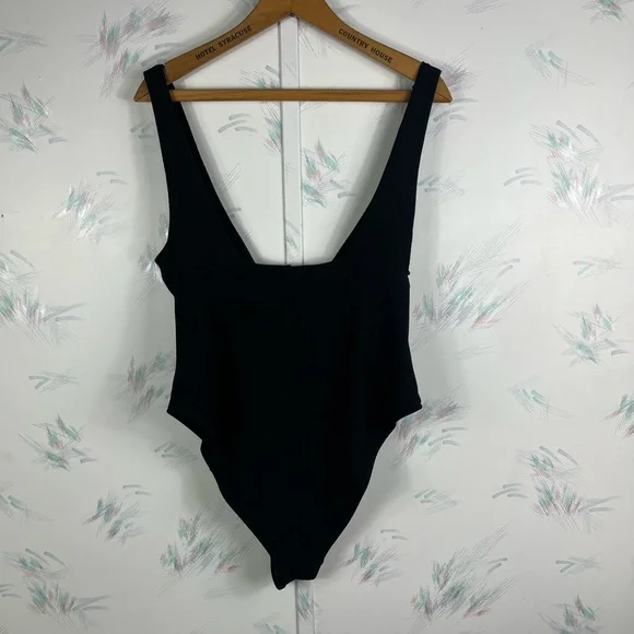 H&M Black High Leg Ribbed Swimsuit V-neck XL - Picture 5 of 9